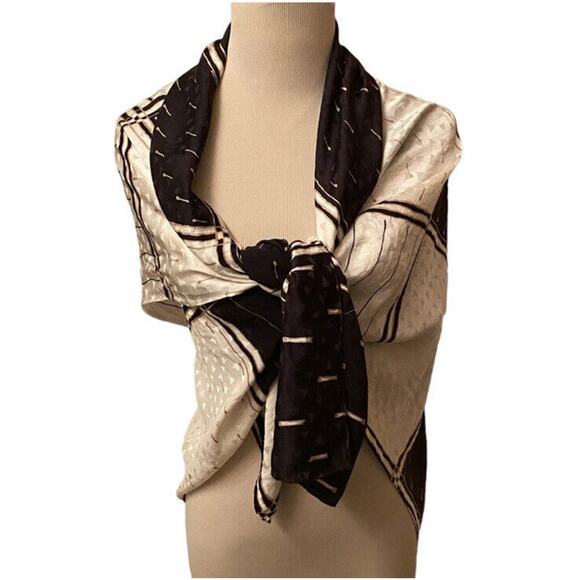 Vintage Large Silk Scarf Cream Black Gold Geometric Hand Rolled Edges 33” x 55" - Picture 5 of 9